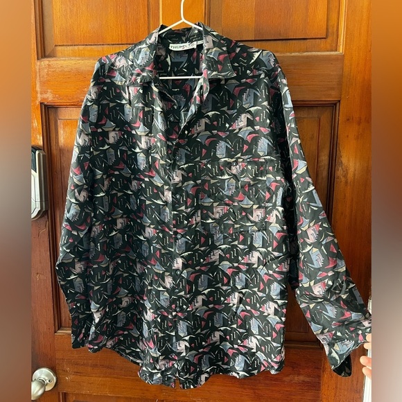 Vintage Thums-Up for Him 100% Silk Shirt – Abstract 80s 90s Button-Up Size S - Picture 7 of 8